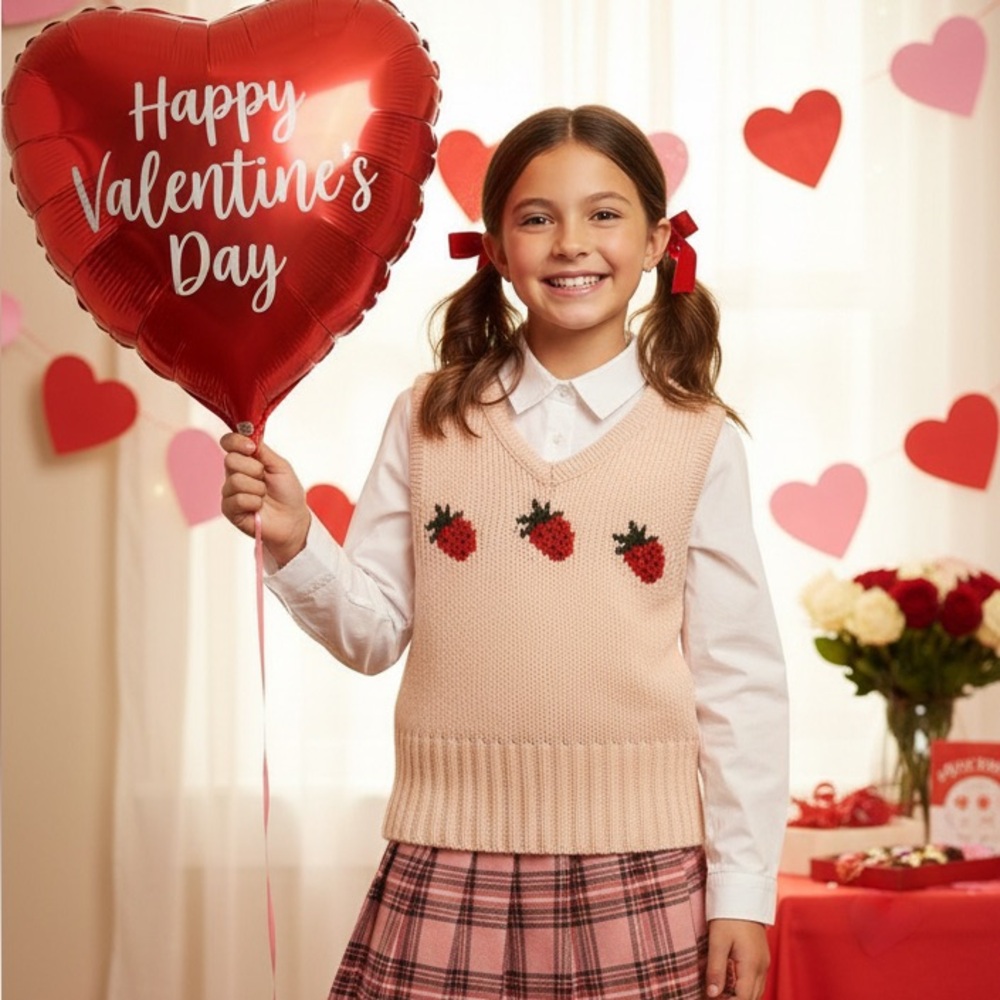 Girls Pink Sweater Vest with Red strawberry Valentine Party ready‎ size 10-12
